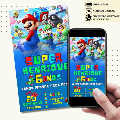 Convite Super Mario Bros Digital Virtual