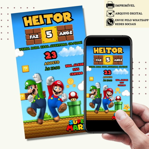 Convite Super Mario Bros Digital Virtual