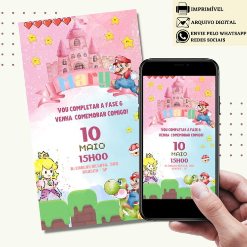 Convite Super Mario Bros Rosa Menina Digital Virtual