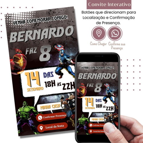 Convite Super-heróis Interativo Digital Virtual