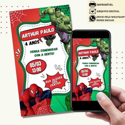 Convite Tema Duplo Dois Temas Hulk Homem-aranha Digital