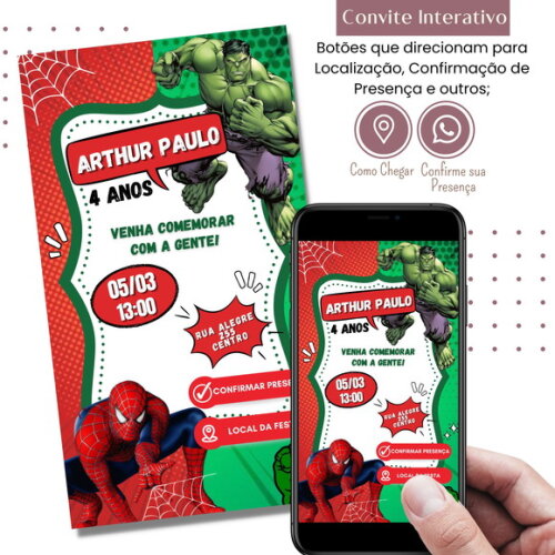 Convite Tema Duplo Dois Temas Hulk Homem-aranha Digital