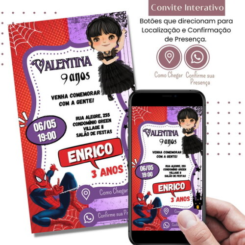 Convite Tema Duplo Dois Temas Wandinha Homem-aranha Digital