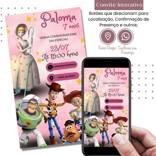 Convite Toy Story Woody Digital Interativo Virtual Rosa
