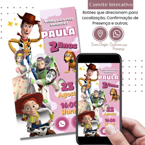 Convite Toy Story Woody Digital Interativo Virtual Rosa