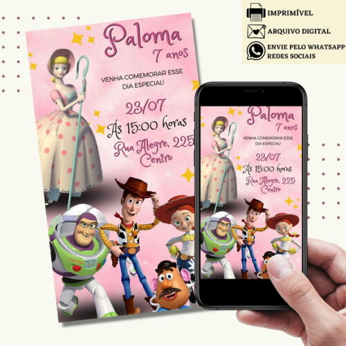 Convite Toy Story Woody Digital Virtual Rosa