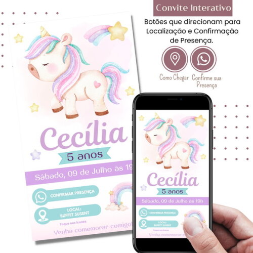 Convite Unicórnio Digital Interativo Virtual - Aniversário