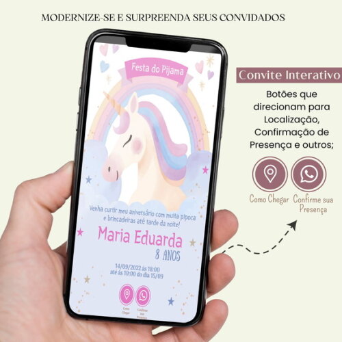 Convite Unicórnio Digital Interativo Virtual Festa Pijama