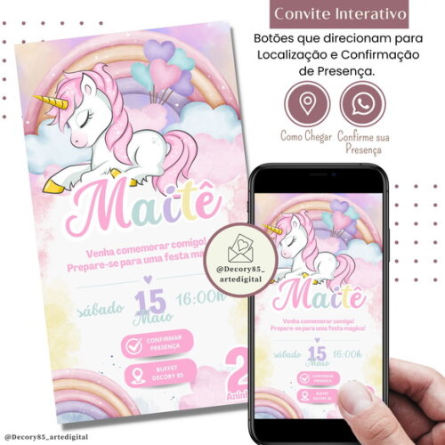 Convite Unicórnio Digital Interativo Virtual Aniversário