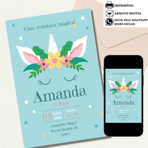 Convite Unicórnio Digital Virtual - Aniversário Festa Menina