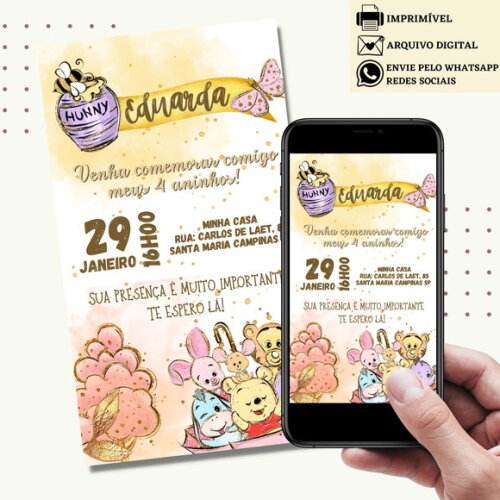 Convite Ursinho Pooh Puff Aquarela Digital Virtual
