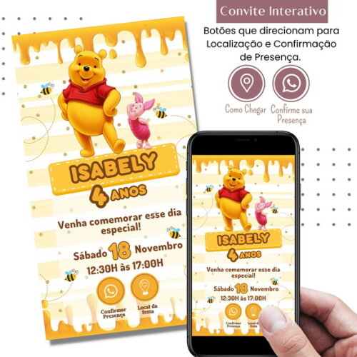 Convite Ursinho Pooh Puff Digital Interativo Virtual