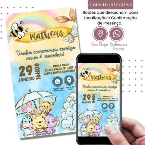 Convite Ursinho Pooh Puff Digital Interativo Virtual