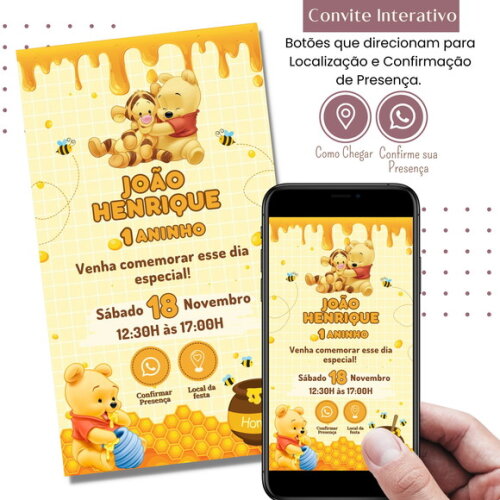 Convite Ursinho Pooh Puff Digital Interativo Virtual