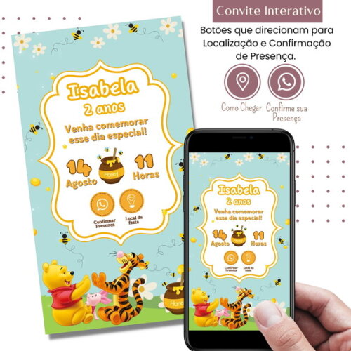Convite Ursinho Pooh Puff Digital Interativo Virtual