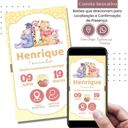 Convite Ursinho Pooh Puff Digital Interativo Virtual
