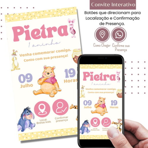 Convite Ursinho Pooh Puff Digital Interativo Virtual