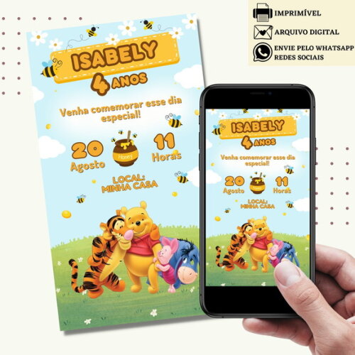 Convite Ursinho Pooh Puff Digital Virtual
