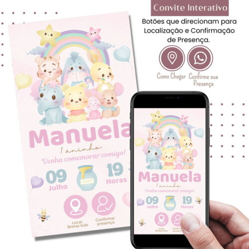 Convite Ursinho Pooh Puff Digital Interativo Virtual