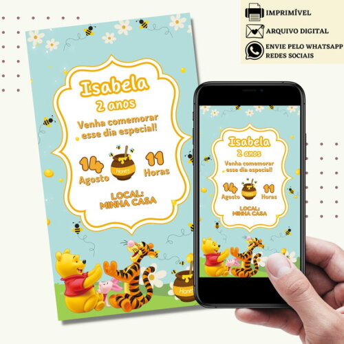 Convite Ursinho Pooh Puff Digital Virtual