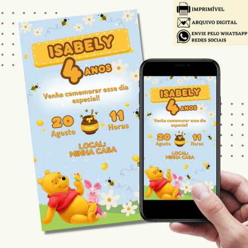 Convite Ursinho Pooh Puff Digital Virtual