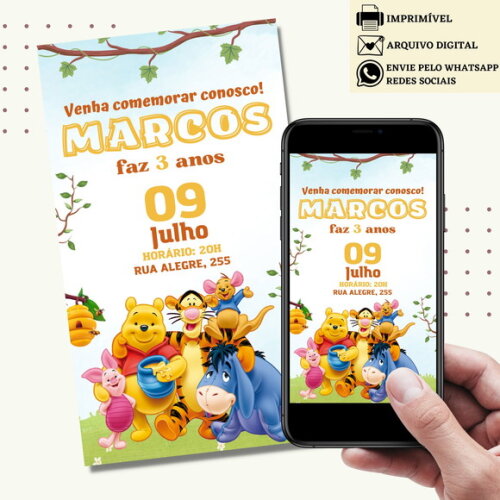 Convite Ursinho Pooh Puff Digital Virtual