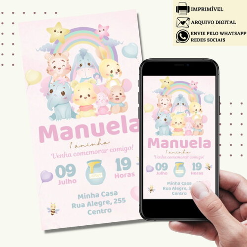 Convite Ursinho Pooh Puff Digital Virtual