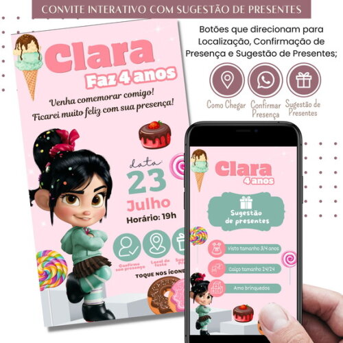 Convite Vanellope Detona Ralph Digital Sugestão de Presente