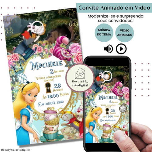 Convite Vídeo Alice no País das Maravilhas Animado Música
