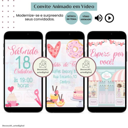 Convite Vídeo Doce Confeitaria Doceria Animado Música