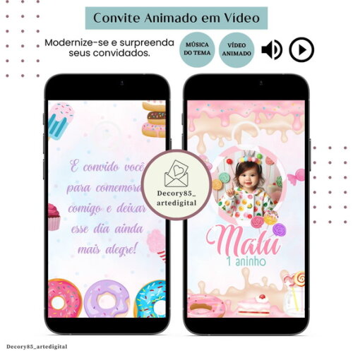 Convite Vídeo Doce Confeitaria Doceria Animado Música