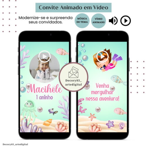 Convite Vídeo Fundo do Mar Rosa Animado Música Digital