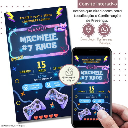 Convite Video Game Gamer Digital Interativo Virtual