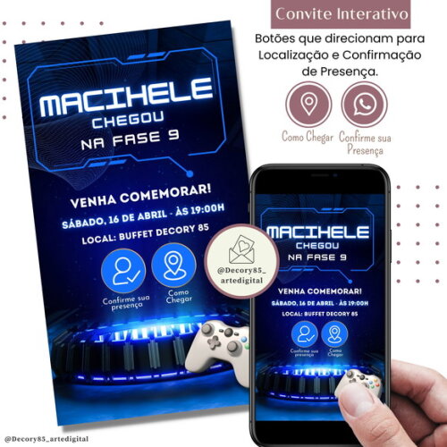 Convite Video Game Gamer Digital Interativo Virtual