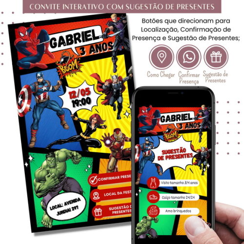 Convite Vingadores Avengers Digital Sugestão de Presente