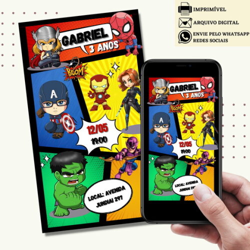 Convite Vingadores Avengers Digital Virtual