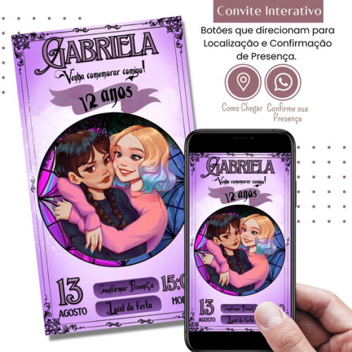 Convite Wandinha Addams e Enid Digital Interativo Virtual