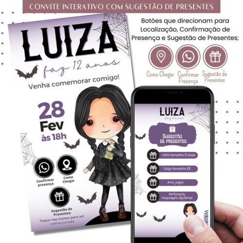 Convite Wandinha Digital Interativo Sugestão de Presente
