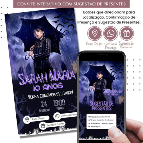 Convite Wandinha Digital Interativo Sugestão de Presente