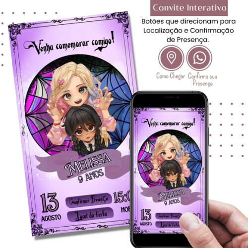 Convite Wandinha Addams e Enid Digital Interativo Virtual