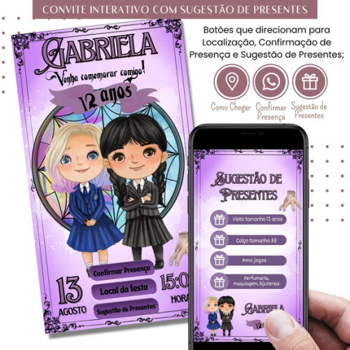 Convite Wandinha Digital Interativo Sugestão de Presente