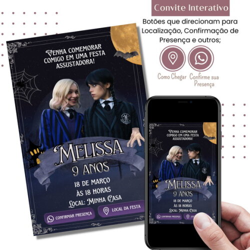 Convite Wandinha Addams e Enid Digital Interativo Virtual