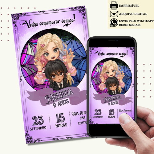 Convite Wandinha Familia Addams e Enid Digital Virtual