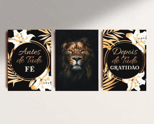 Kit Trio 3 Placas Decorativas Antes De Tudo Fé Leão 30x42 A3