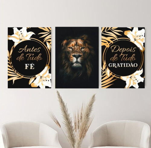 Kit Trio 3 Placas Decorativas Antes De Tudo Fé Leão 42x60 A2