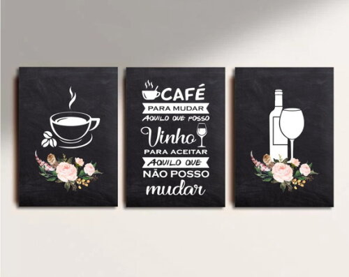 Kit Trio 3 Placas Decorativas Café Vinho Cozinha 21x30 A4