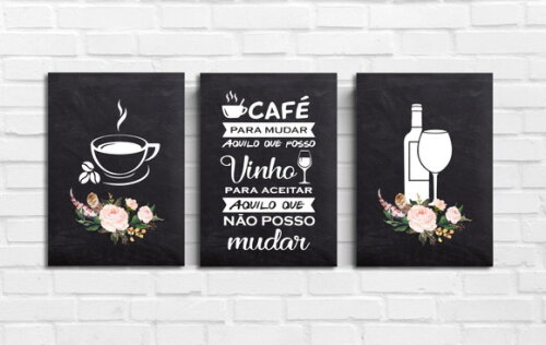 Kit Trio 3 Placas Decorativas Café Vinho Cozinha 21x30 A4