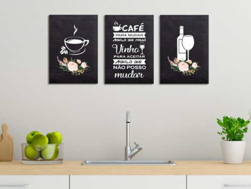 Kit Trio 3 Placas Decorativas Café Vinho Cozinha 30x42 A3