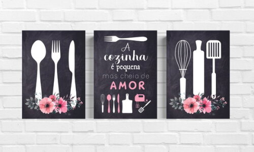 Kit Trio 3 Placas Decorativas Cozinha Cheia De Amor 21x30 A4