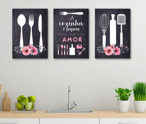 Kit Trio 3 Placas Decorativas Cozinha Cheia De Amor 30x42 A3